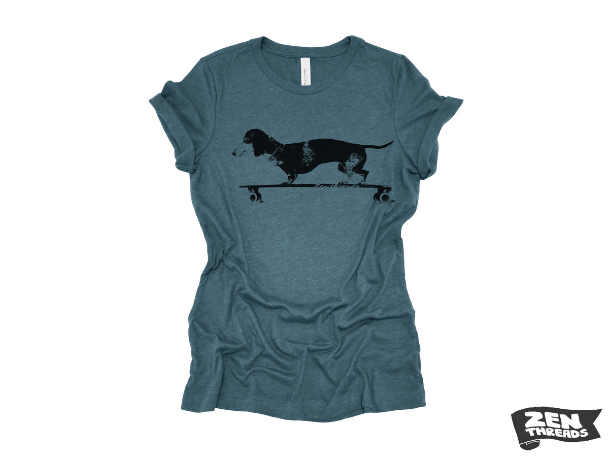 Womens Longboard DACHSHUND T Shirt eco soft printed (+ Colors Available) custom ladies relaxed crew tee doxie dog skating skateboard funny