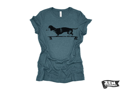 Womens Longboard DACHSHUND T Shirt eco soft printed (+ Colors Available) custom ladies relaxed crew tee doxie dog skating skateboard funny