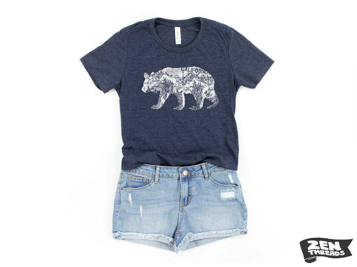 Womens California BEAR T-Shirt eco printed Relaxed fit crew the ladies (+ Colors Available) travel west coast Hollywood Yosemite redwoods