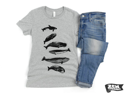 Womens WHALES t shirt Custom Printed eco soft printed ladies relaxed crew neck tee orca beach whale watching ocean print boyfriend ladies