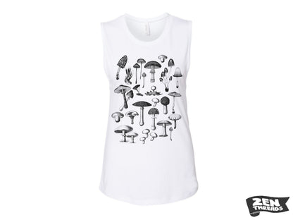 Womens Wild MUSHROOMS muscle racerback tank T-Shirt printed tee Bella Canvas shirt ladies fungi foraging hiking camping yoga fitness top tee