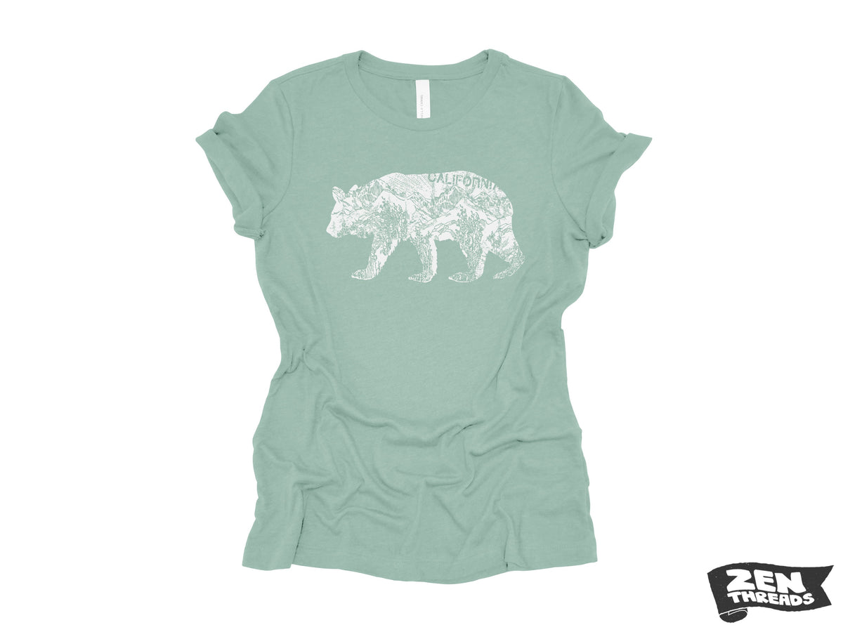 Womens California BEAR T-Shirt eco printed Relaxed fit crew the ladies (+ Colors Available) travel west coast Hollywood Yosemite redwoods