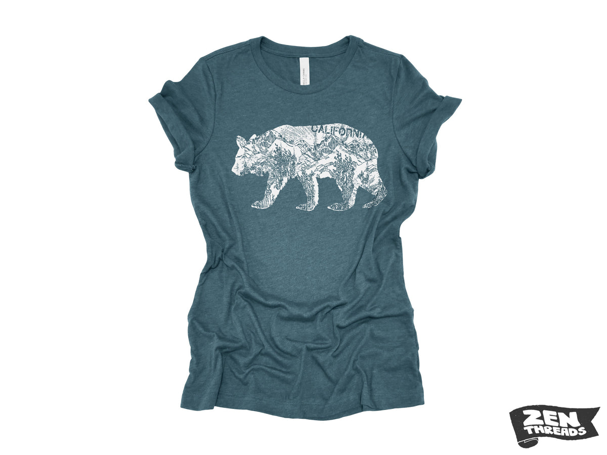 Womens California BEAR T-Shirt eco printed Relaxed fit crew the ladies (+ Colors Available) travel west coast Hollywood Yosemite redwoods