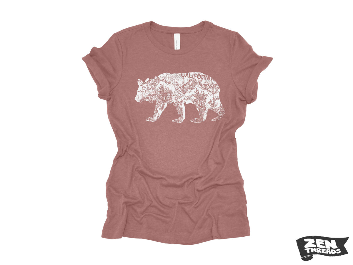 Womens California BEAR T-Shirt eco printed Relaxed fit crew the ladies (+ Colors Available) travel west coast Hollywood Yosemite redwoods