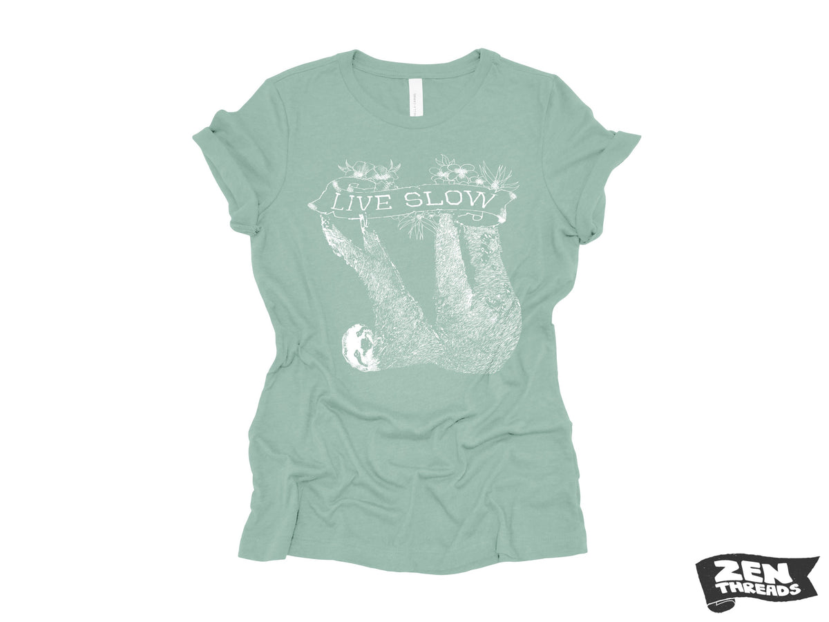 Womens SLOTH 2 (Live Slow) t-shirt ladies tee funny animal shirt printed (+ Colors Available) Costa Rica relaxed fit ladies boyfriend tee