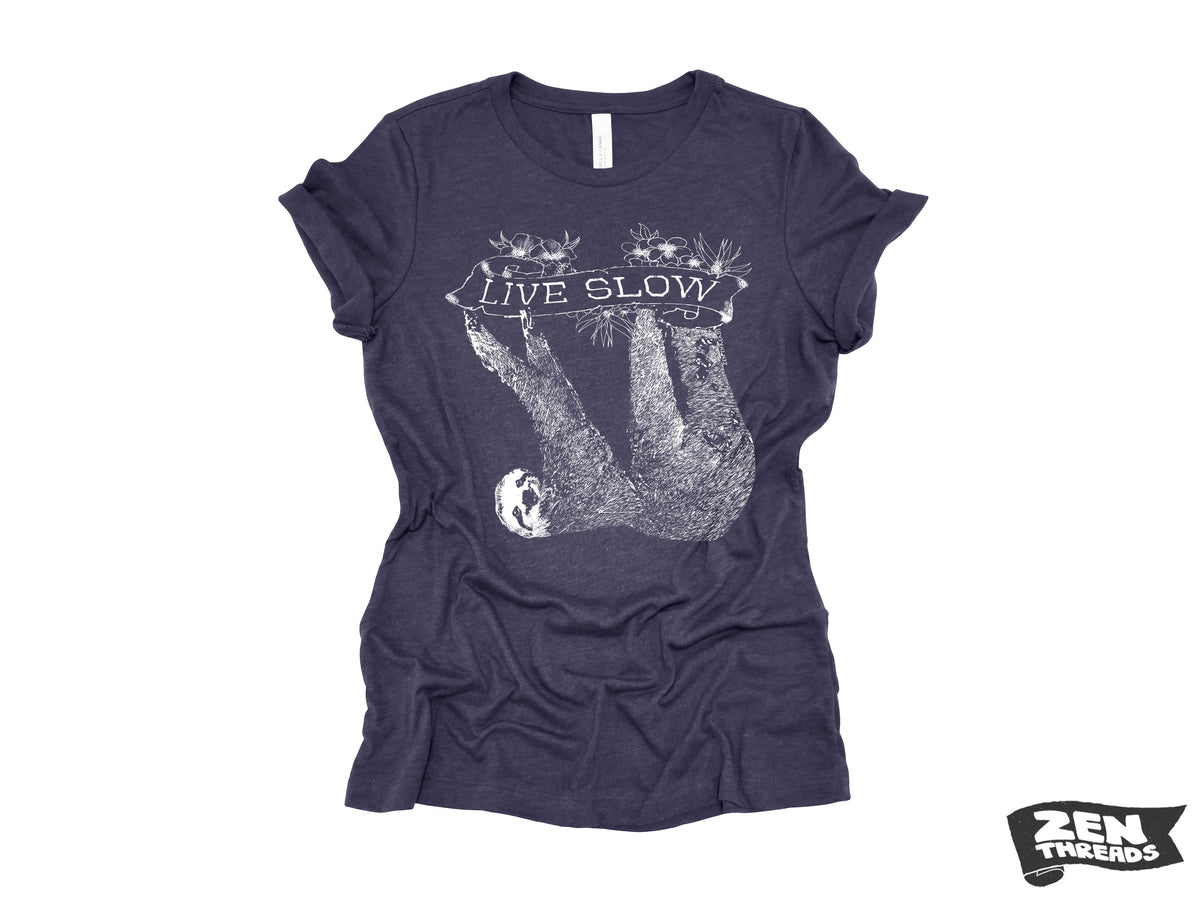 Womens SLOTH 2 (Live Slow) t-shirt ladies tee funny animal shirt printed (+ Colors Available) Costa Rica relaxed fit ladies boyfriend tee