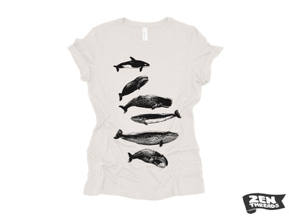 Womens WHALES t shirt Custom Printed eco soft printed ladies relaxed crew neck tee orca beach whale watching ocean print boyfriend ladies