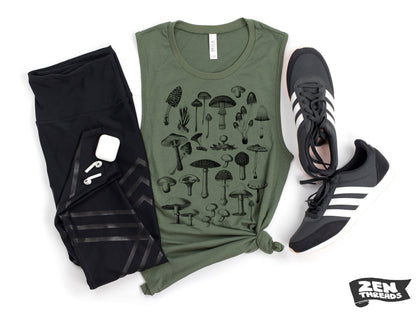 Womens Wild MUSHROOMS muscle racerback tank T-Shirt printed tee Bella Canvas shirt ladies fungi foraging hiking camping yoga fitness top tee
