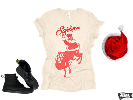 Womens SANTAUR Santa holiday funny Tri Blend t shirt [+Colors] s m l xl xxl Hand Screen Printed Zen Threads custom Christmas