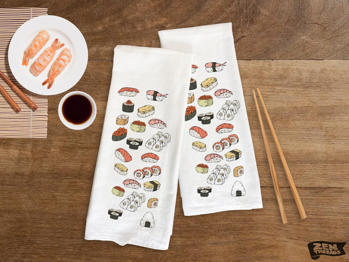 SUSHI Large 22x36" Flour Sack Towel Bar Kitchen Gift Organic Natural Cotton tea towel gift idea housewarming party hostess sashimi roll