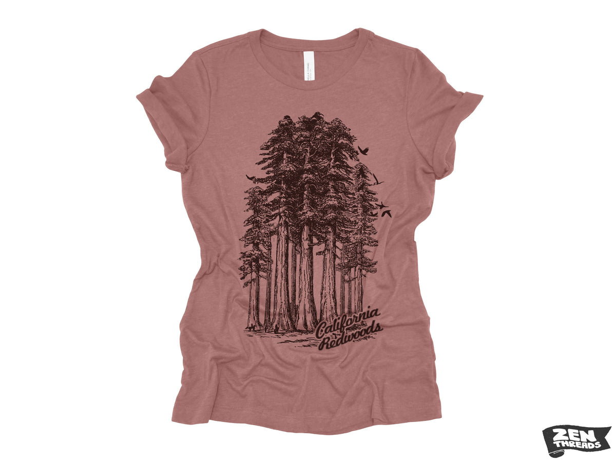 Womens California Redwoods Boyfriend Tee: Trees Park Hiking T-Shirt Bella Canvas