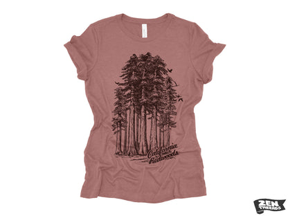 Womens California Redwoods Boyfriend Tee: Trees Park Hiking T-Shirt Bella Canvas