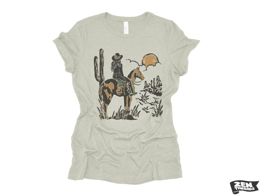 Cowgirl Sunset Texas Desert Womens Boyfriend Tee - Relaxed Fit Vintage T-Shirt