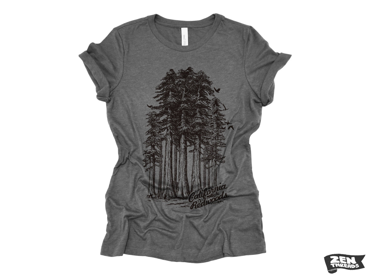 Womens California Redwoods Boyfriend Tee: Trees Park Hiking T-Shirt Bella Canvas
