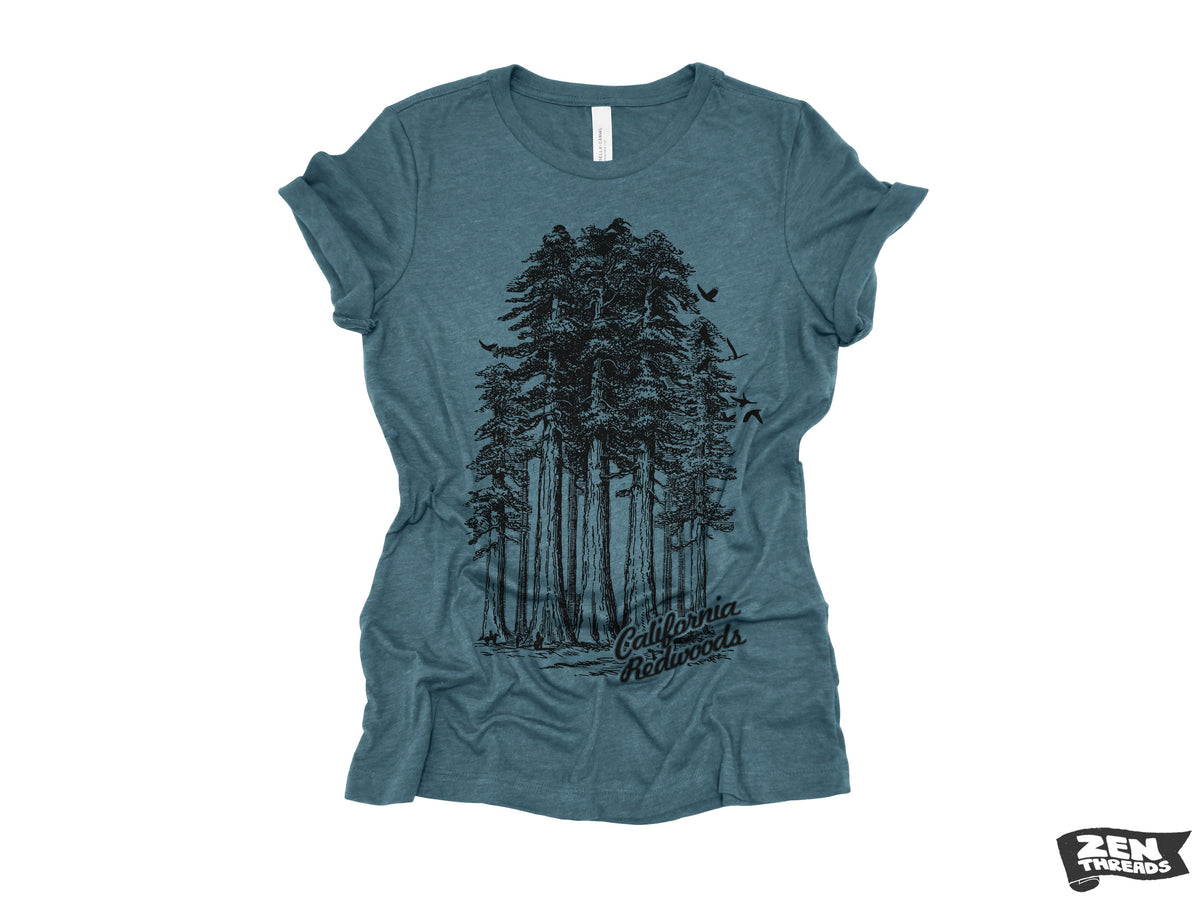 Womens California Redwoods Boyfriend Tee: Trees Park Hiking T-Shirt Bella Canvas