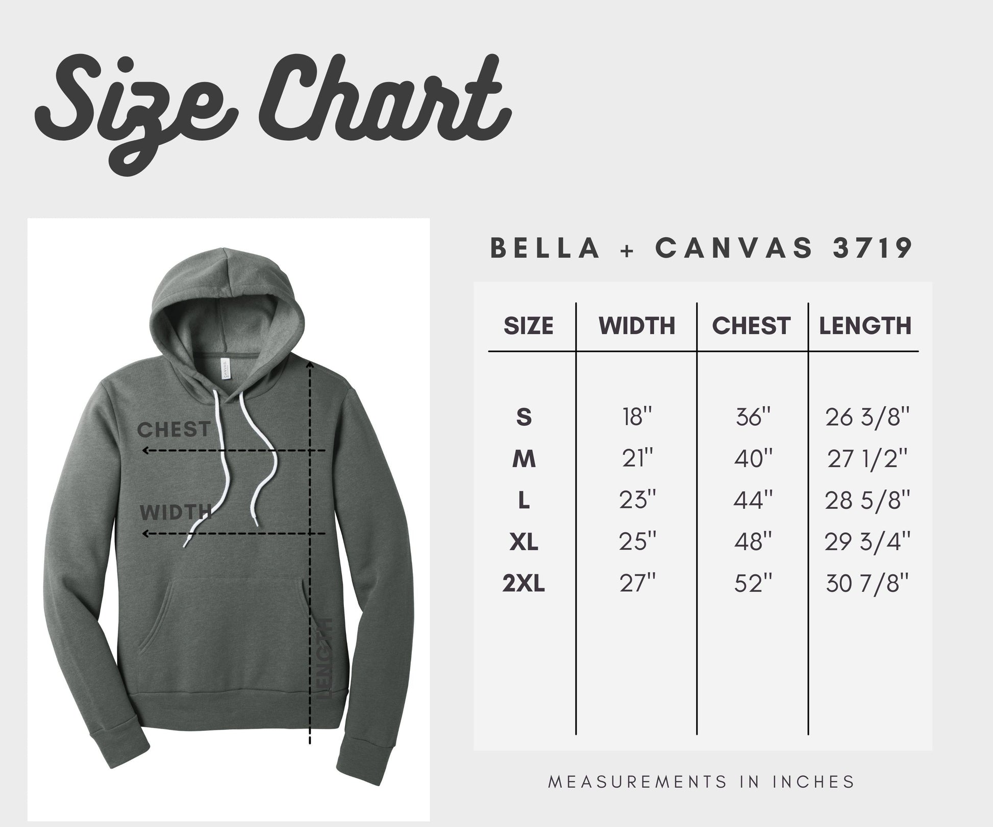 Unisex Pullover Hoody Soft Fleece Sweatshirt Bella Canvas 3719 size chart