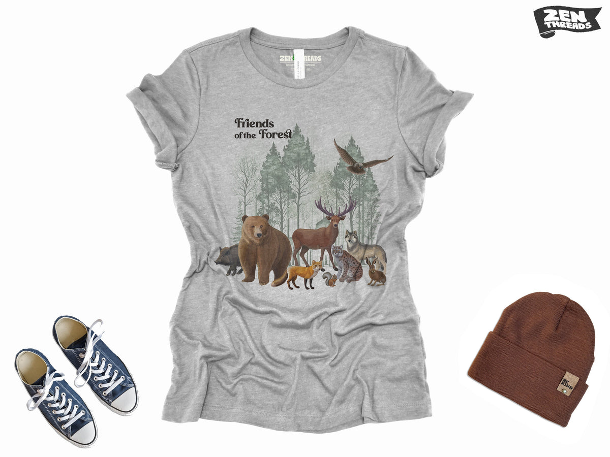 Womens Forest Friends Boyfriend Tee Landscape relaxed jersey T-shirt Zen Threads Bella Canvas custom hiking camping nature mountains gift