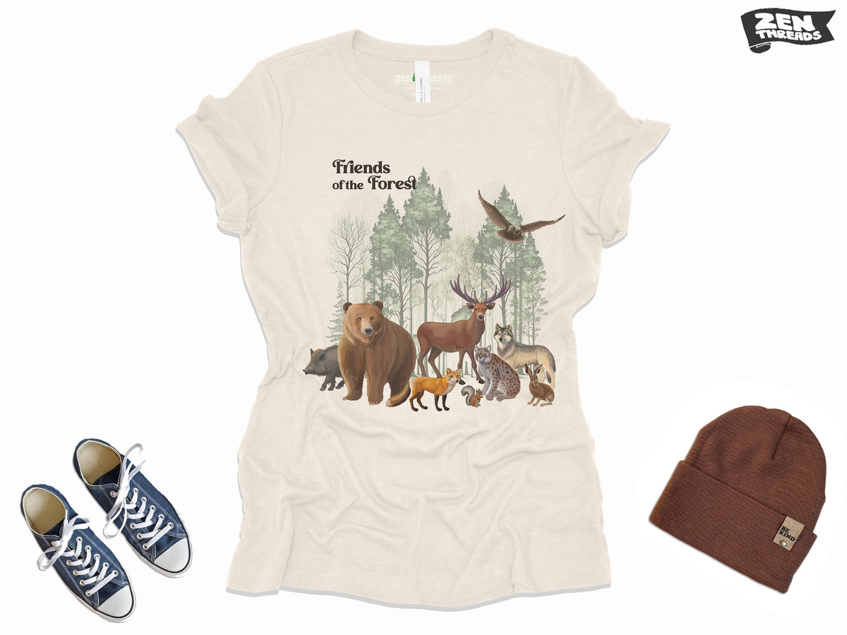Womens Forest Friends Boyfriend Tee Landscape relaxed jersey T-shirt Zen Threads Bella Canvas custom hiking camping nature mountains gift