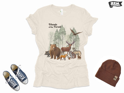 Womens Forest Friends Boyfriend Tee Landscape relaxed jersey T-shirt Zen Threads Bella Canvas custom hiking camping nature mountains gift