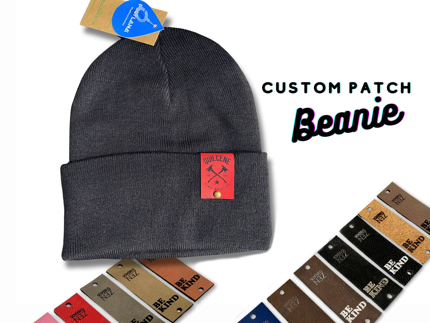 Custom PATCH Beanie -Unisex Personalized Laser Engraved Vegan Leather - Customized Business Name Hat Gift Logo Initials Rivet Die-Cut Badge