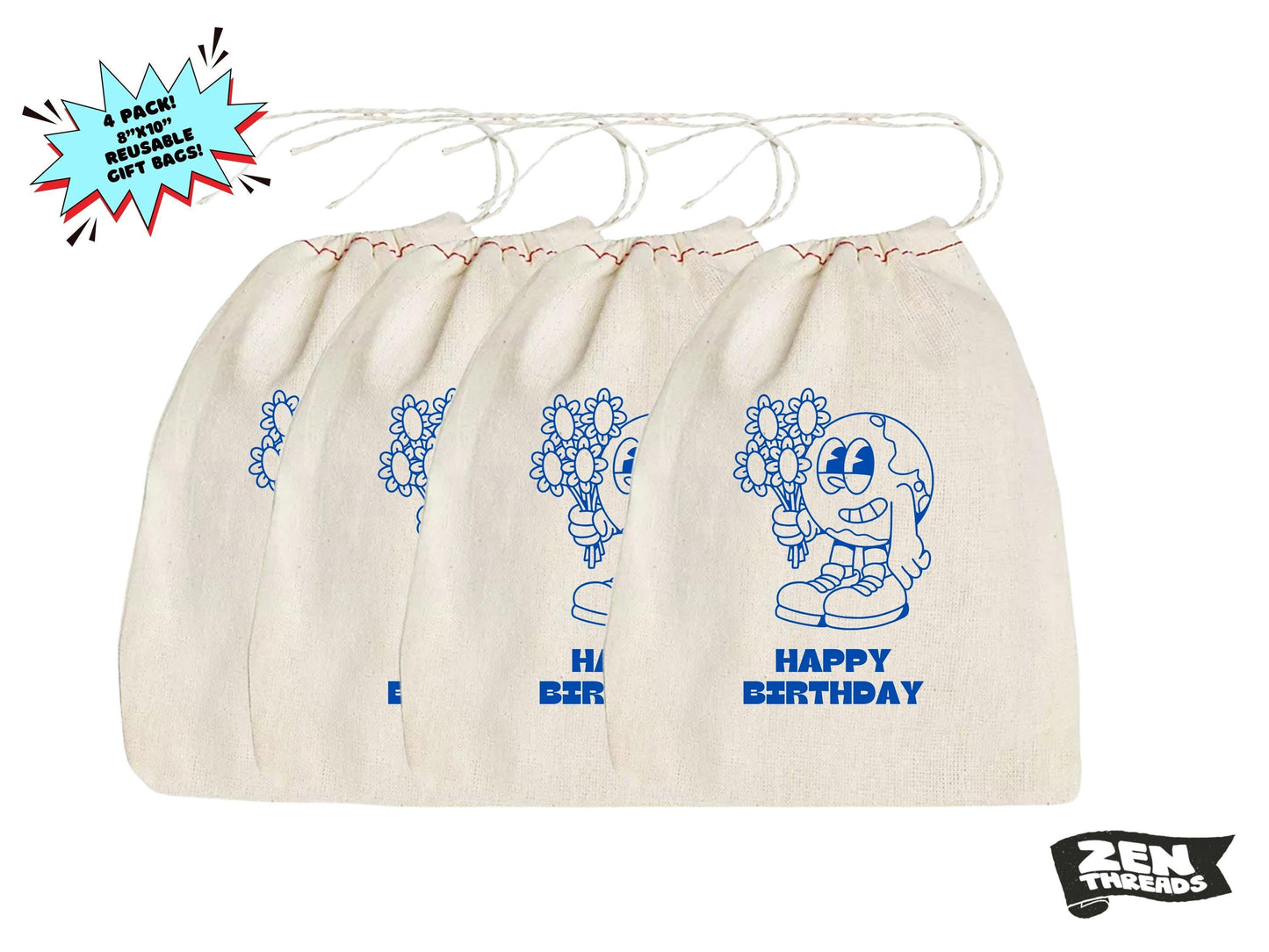 Happy Birthday SET OF 4 Gift Bags 8x10" Printed Drawstring Reusable Cotton Bags present wrapping sustainable reusable cute cotton sack favor