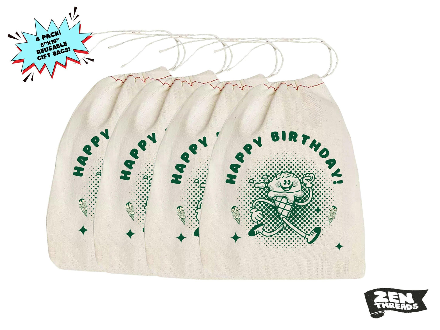 Happy Birthday SET OF 4 Gift Bags 8x10" Printed Drawstring Reusable Cotton Bags present wrapping sustainable reusable cute cotton sack favor