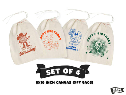 Happy Birthday SET OF 4 Gift Bags 8x10" Printed Drawstring Reusable Cotton Bags present wrapping sustainable reusable cute cotton sack favor