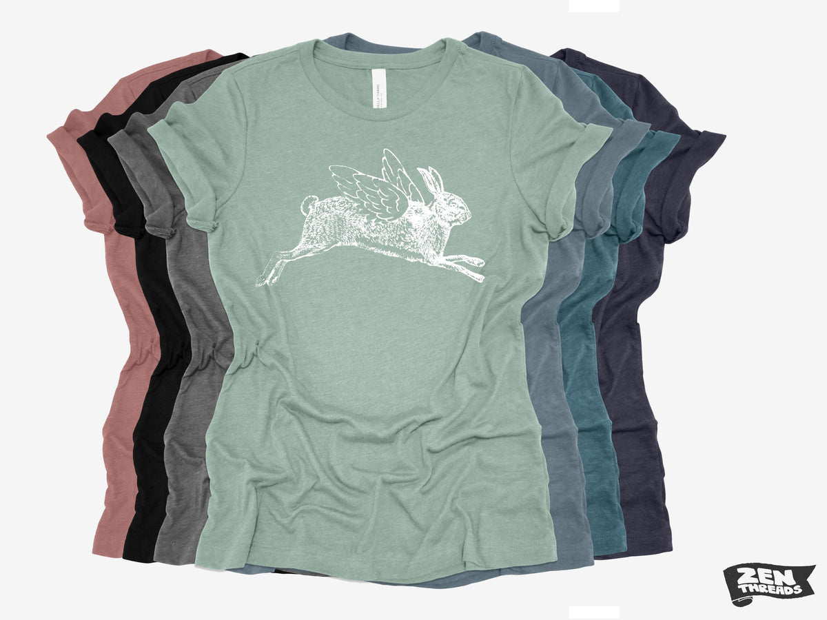 Flying Rabbit Print T-Shirt: Women's Relaxed Fit Bella Canvas Tee