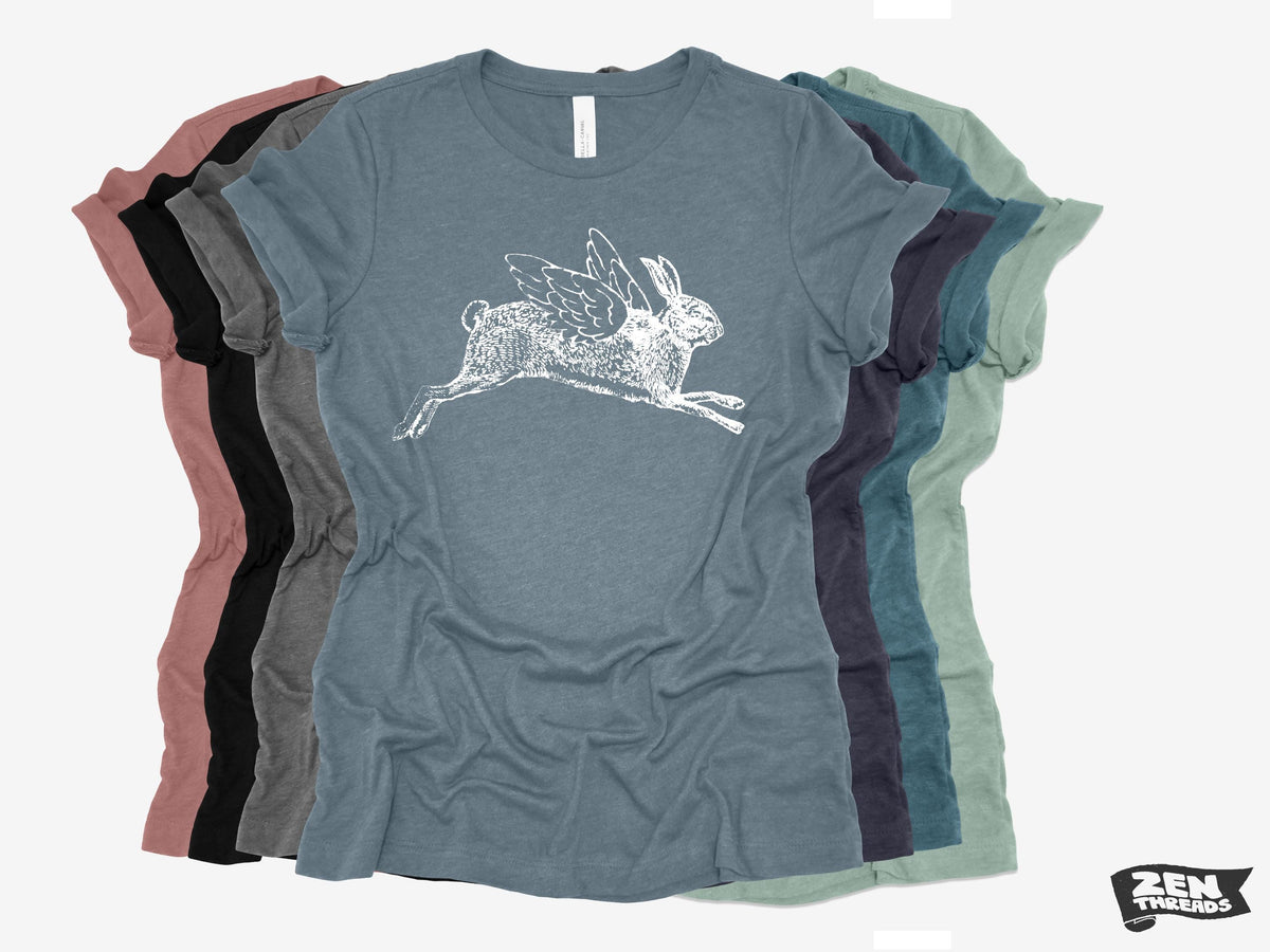 Flying Rabbit Print T-Shirt: Women's Relaxed Fit Bella Canvas Tee
