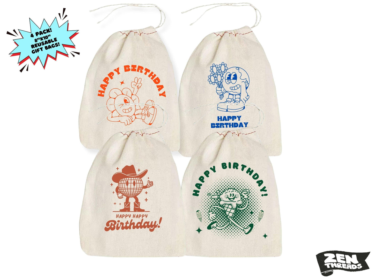 Happy Birthday SET OF 4 Gift Bags 8x10" Printed Drawstring Reusable Cotton Bags present wrapping sustainable reusable cute cotton sack favor