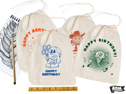 Happy Birthday SET OF 4 Gift Bags 8x10" Printed Drawstring Reusable Cotton Bags present wrapping sustainable reusable cute cotton sack favor