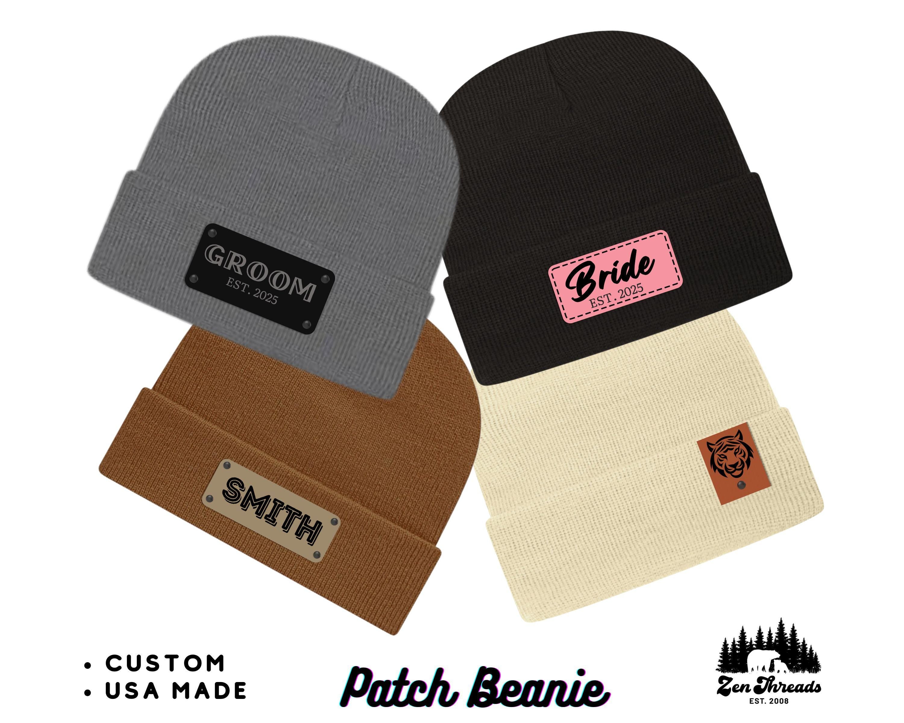 Custom PATCH Beanie -Unisex Personalized Laser Engraved Vegan Leather - Customized Business Name Hat Gift Logo Initials Rivet Die-Cut Badge