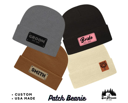 Custom PATCH Beanie -Unisex Personalized Laser Engraved Vegan Leather - Customized Business Name Hat Gift Logo Initials Rivet Die-Cut Badge