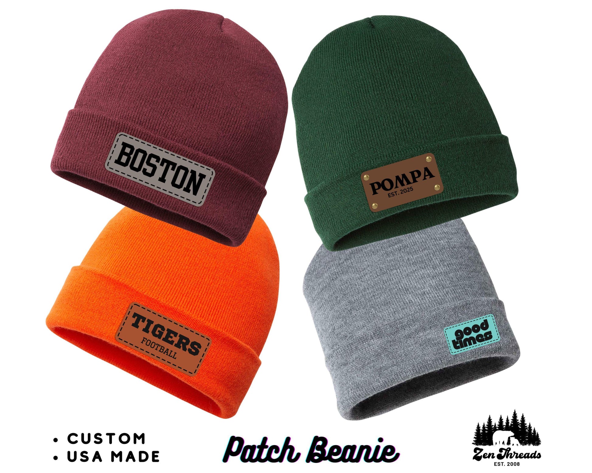 Custom PATCH Beanie -Unisex Personalized Laser Engraved Vegan Leather - Customized Business Name Hat Gift Logo Initials Rivet Die-Cut Badge