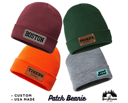 Custom PATCH Beanie -Unisex Personalized Laser Engraved Vegan Leather - Customized Business Name Hat Gift Logo Initials Rivet Die-Cut Badge