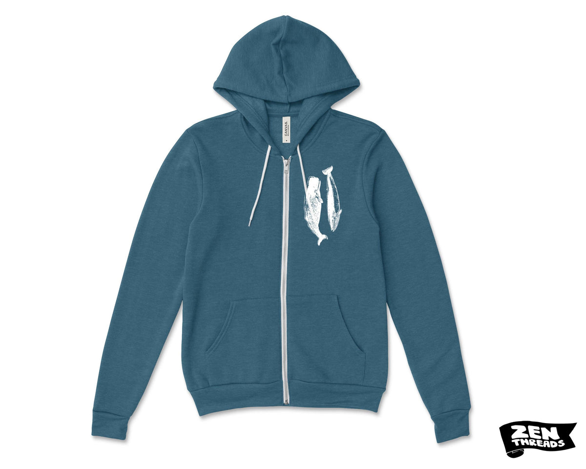 WHALES Classic Unisex Fleece Hoody Printed Zen Threads + Bella Canvas mens women's zipper hoodie hooded whale watching orca humpback beluga