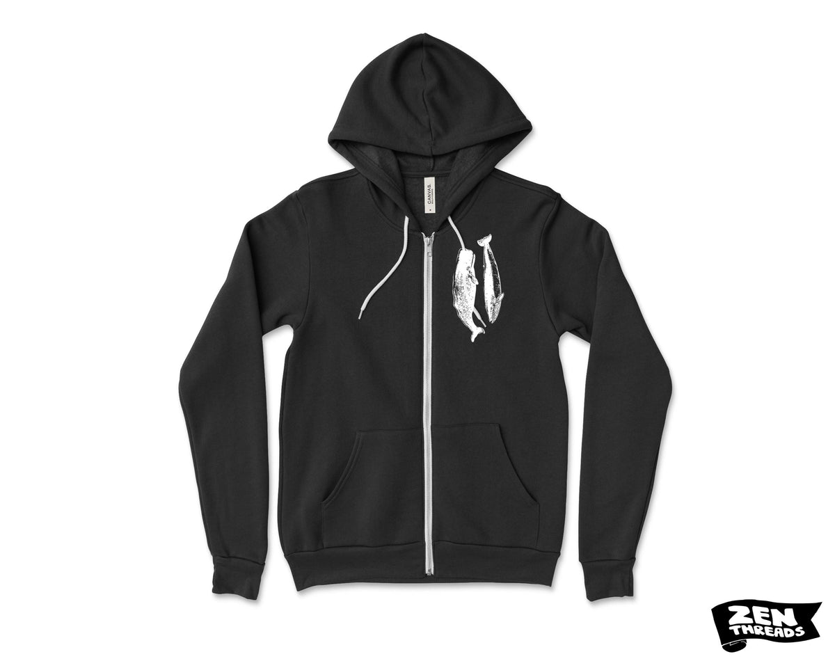 WHALES Classic Unisex Fleece Hoody Printed Zen Threads + Bella Canvas mens women's zipper hoodie hooded whale watching orca humpback beluga