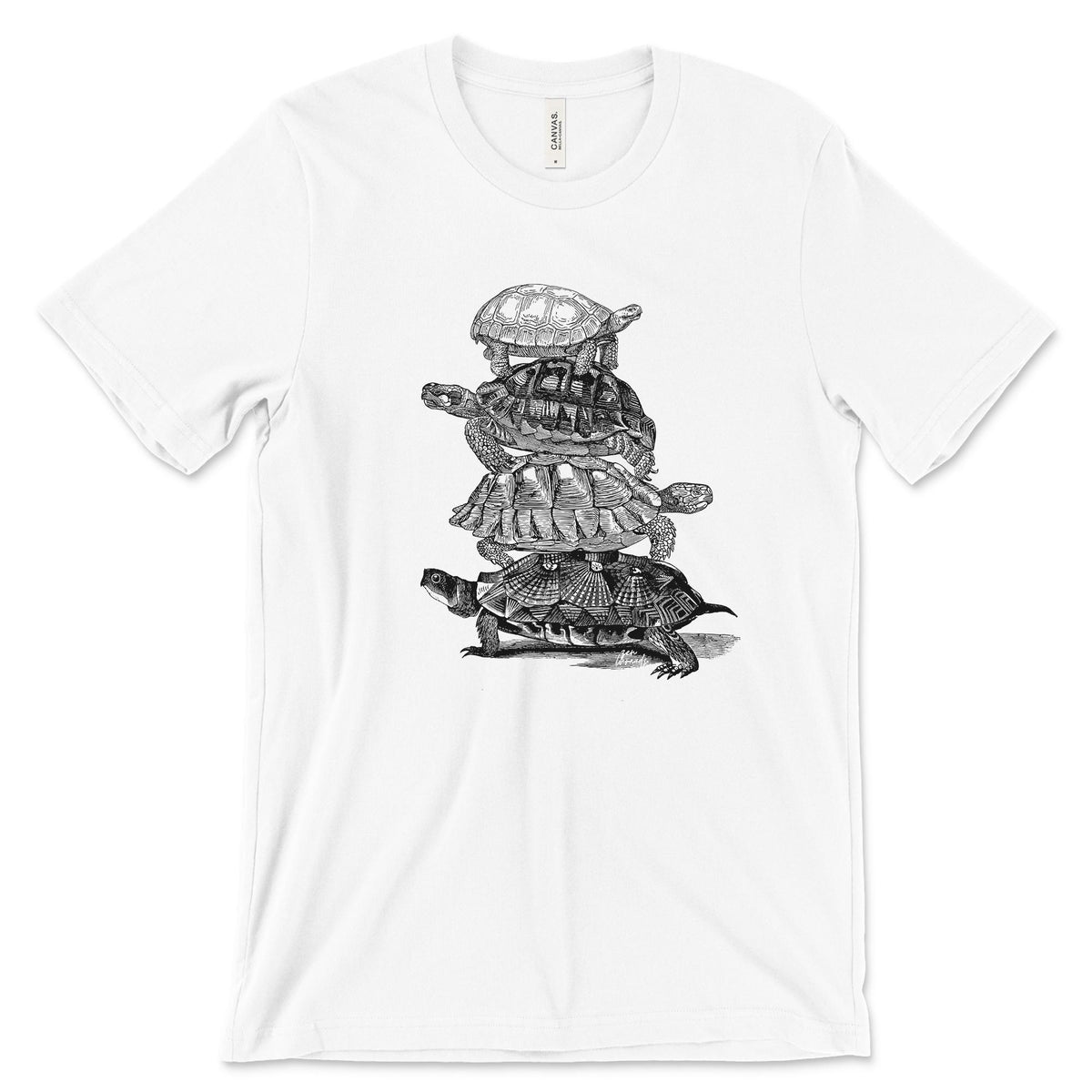 Turtle Stack T-Shirt: Unisex Bella Canvas Tee, Custom Color Print - Turtles all the way down