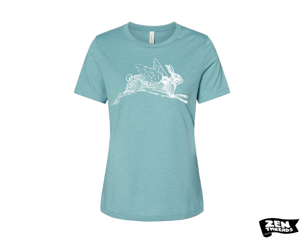 Flying Rabbit Print T-Shirt: Women's Relaxed Fit Bella Canvas Tee