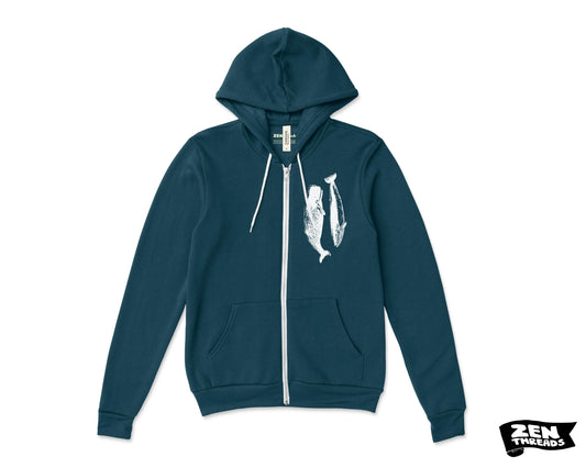 WHALES Classic Unisex Fleece Hoody Printed Zen Threads + Bella Canvas mens women's zipper hoodie hooded whale watching orca humpback beluga