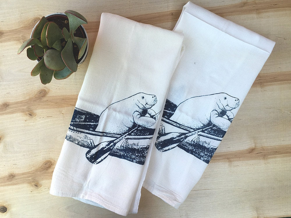 MANATEE Canoe Flour Sack Kitchen Towels Flour Sack Bar Towels Natural Cotton tea towel gift