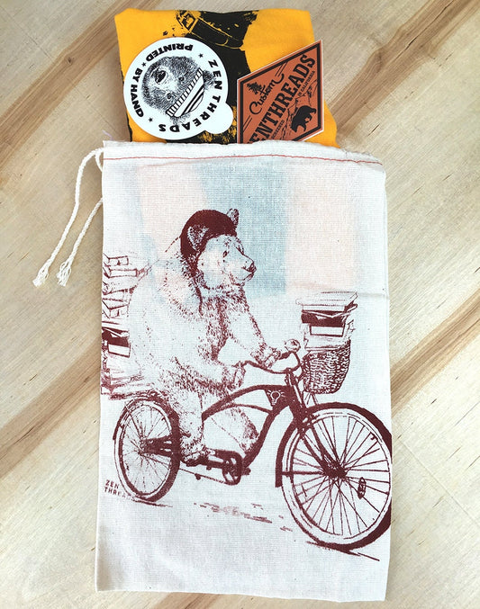 SET OF BEARS Gift Bags 8x12" Smart Bear on a bike Printed Drawstring Reusable Cotton birthday reusable gift sack bicycle teacher library