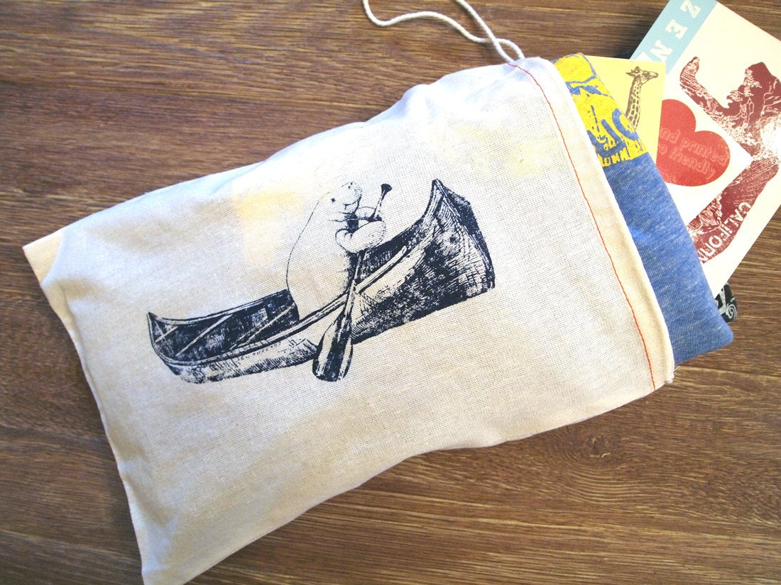 SET OF MANATEES (in a Canoe) 8x12" Printed Drawstring Reusable Cotton Gift Bag sack birthday friendship Zen Threads