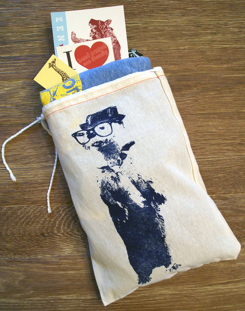 SET OF OTTER (in a Fedora) Gift Bags 8x12" Printed Drawstring Reusable Cotton Bags birthday present wrapping sustainable
