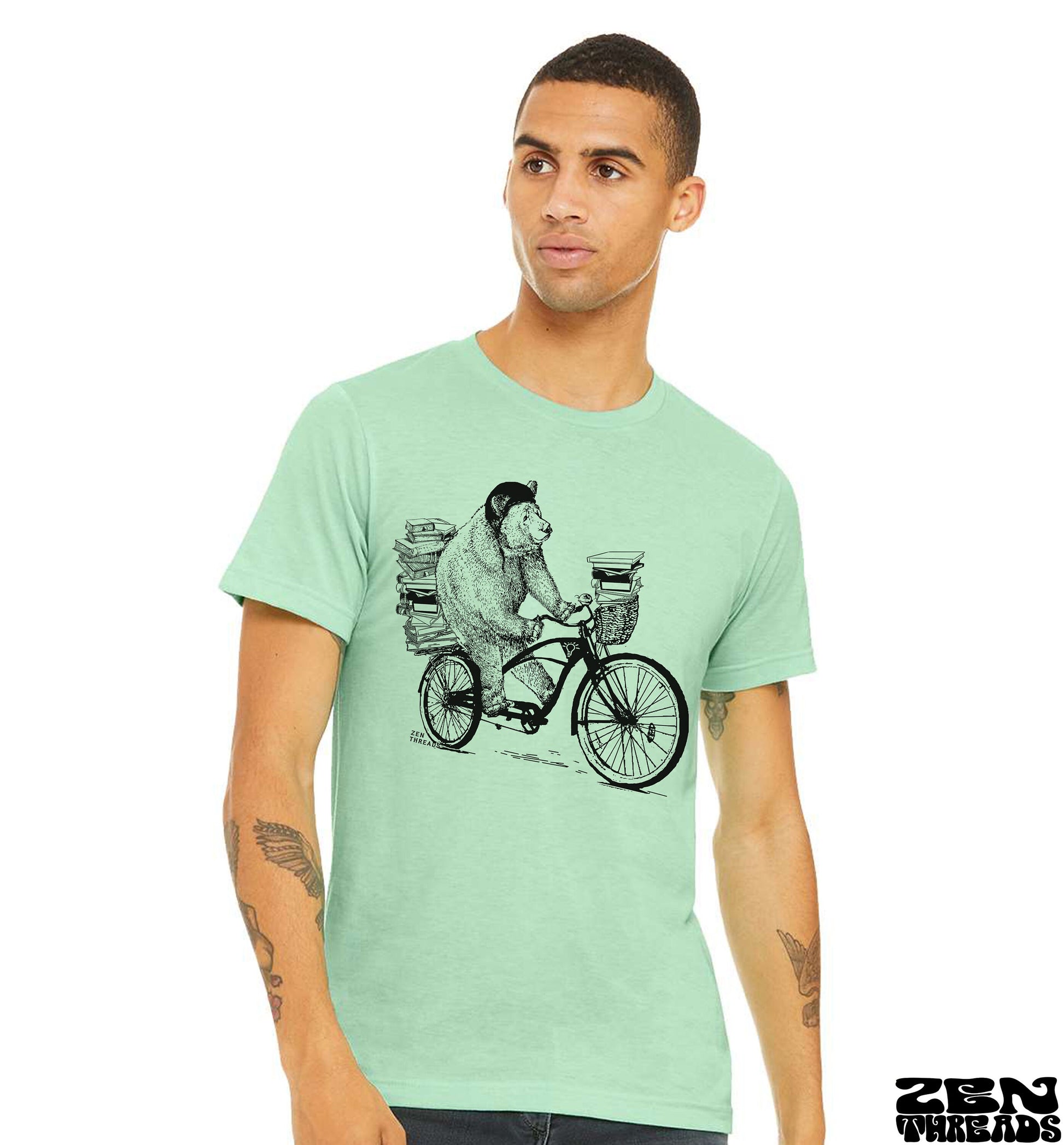 BOOK BEAR unisex mens women's t-shirt eco soft printed custom color Bella Canvas 3001CVC tee school teacher bookworm library bike bicycle