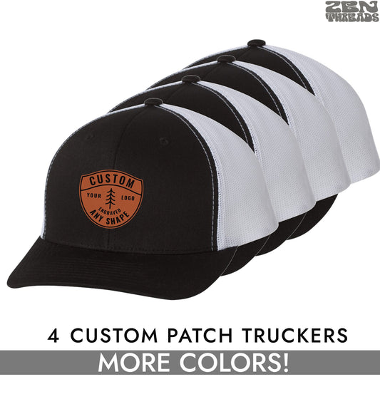 4 CUSTOM PATCH Classic Six Panel Trucker Logo Initials vegan Leather laser engraved customized personalized hat business rivet tag hat cap