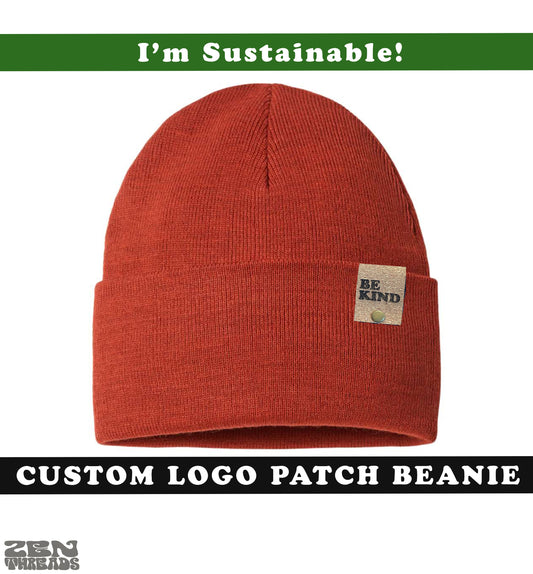 Sustainable CUSTOM PATCH Beanie Logo Initials - vegan Leather laser engraved customized personalized winter hat business rivet tag hat