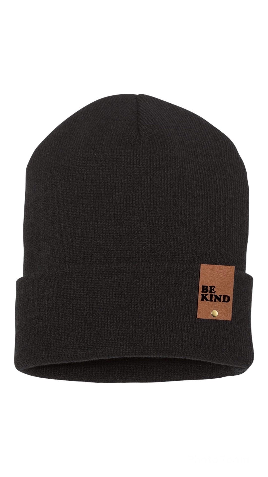 BE KIND Sustainable Custom Color Patch Beanie - eco friendly Vegan Leather laser engraved winter hat rivet tag hat recycled