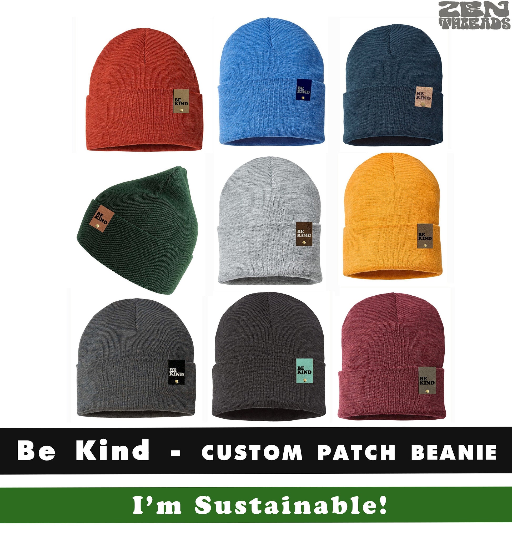 BE KIND Sustainable Custom Color Patch Beanie - eco friendly Vegan Leather laser engraved winter hat rivet tag hat recycled