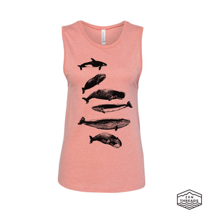Womens WHALES Muscle Tank workout fitness tee ocean lover big fish waves top t-shirt beach apparel ladies sleeveless top orca whale watching